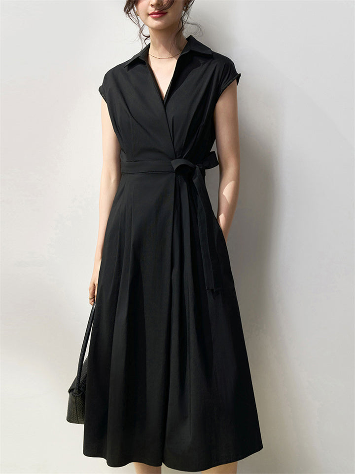 Female Summer French Style Cotton Short Sleeve Tie-Waist Midi Dress