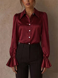 Women Satin Silk Blouse Ruffle Cuff Long Sleeve Office Top
