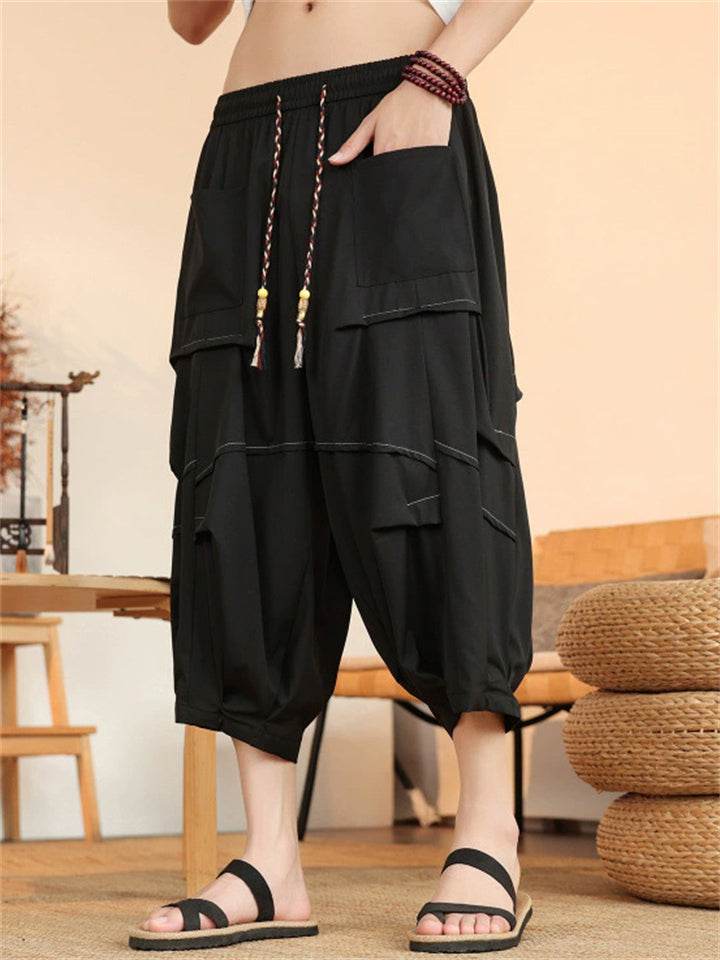 Men's Black Stylish Chinese Style Baggy Lantern Capri Pants