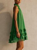 Womens Green Halter Neck Sheer Applique Cocktail Mini Dress