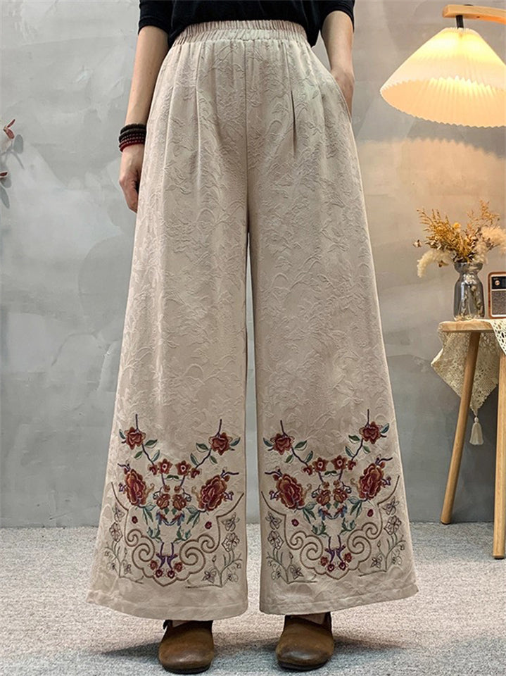 Women's Ethnic Style Jacquard Flowers Embroidered High Rise Wide Leg Pants
