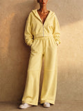 Women Exposed Seams Cropped Zip Hoodie and Wide Leg Pants Lounge Set