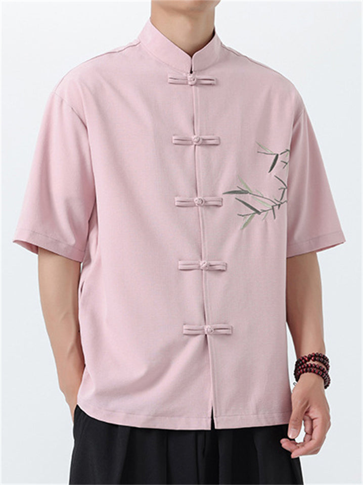 Men's Summer Leaves Embroidery Stand Collar Tang Suit Shirts