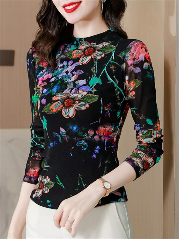 Women's Flowers Print Slim Long-sleeve Undershirt