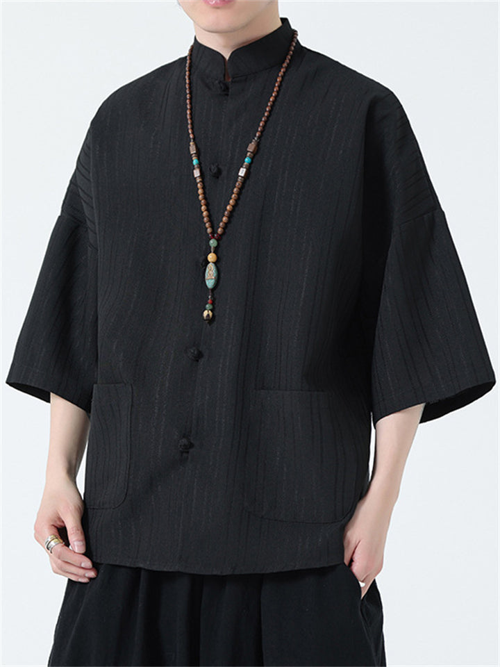 Men's Summer Retro Solid Color Stripe Loose Short Sleeve Shirts