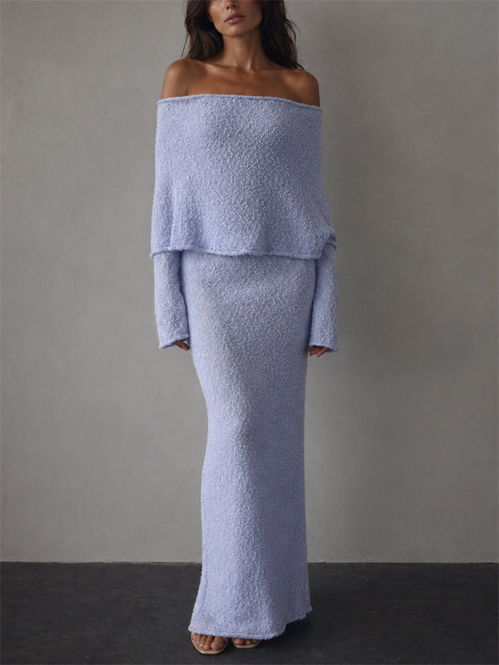 Women's Off Shoulder Long Sleeve Textured Knit Beach Maxi Dress