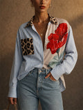 Womens Stripe Leopard FloralMixed Print Button Down Shirt