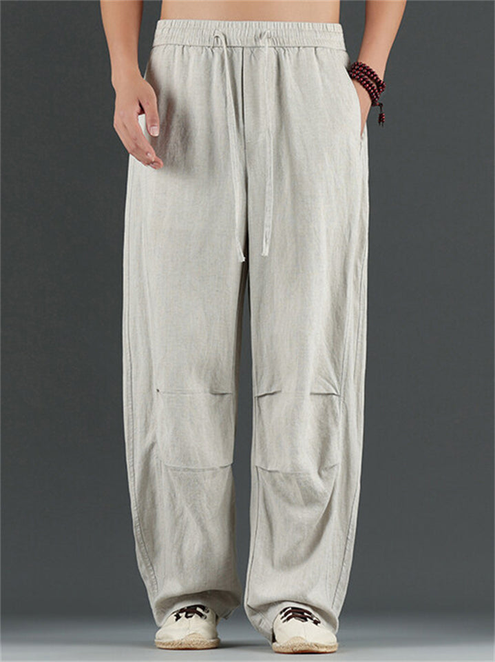 Men's Casual Chinese Style Solid Color Linen Drawstring Scimitar Pants