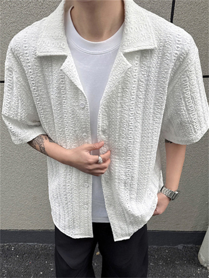 Men's Hollow Textured Eyelet Short Sleeve Button Down Cuban Shirts