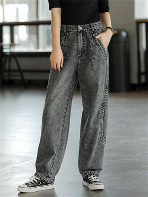 Trend Wavy Line Embroideried Grey Harem Jeans for Women
