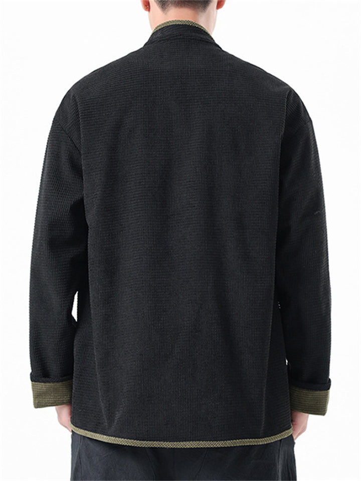 Men's Corduroy Chinese Style Tang Mandarin Collar Jacket with Contrast Trim