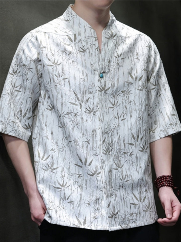 Men Chinese Style Short Sleeve V Neck Bamboo Print Shirt with Button Detail