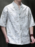 Men Chinese Style Short Sleeve V Neck Bamboo Print Shirt with Button Detail