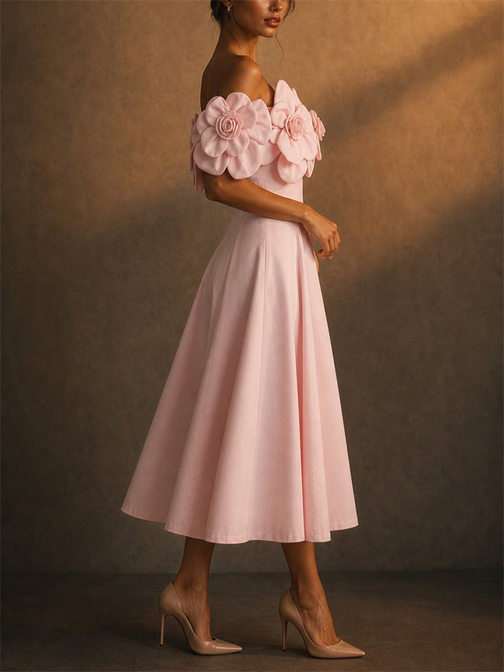 Women Trendy Off Shoulder 3D Floral Midi A Line Party Dress