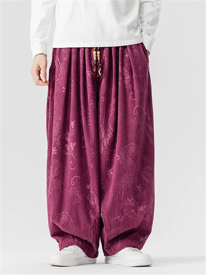 Chinese Style Loong and Phoenix Jacquard Corduroy Loose Fit Harem Pants