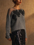 Women Floral Lace Sheer Mesh Embroidered Grey Knit Sweater