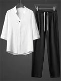 Men's 2Pcs V Neck Stand Collar Half Sleeve Solid Color Outfits
