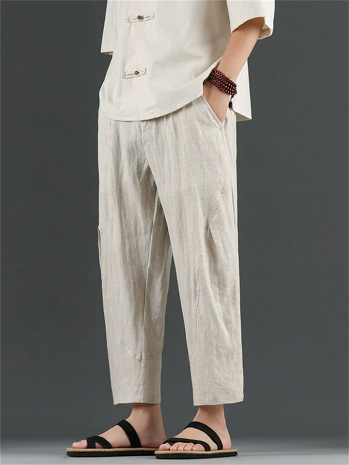 Men's Simple Chinese Style Solid Color Linen Straight Cropped Pants