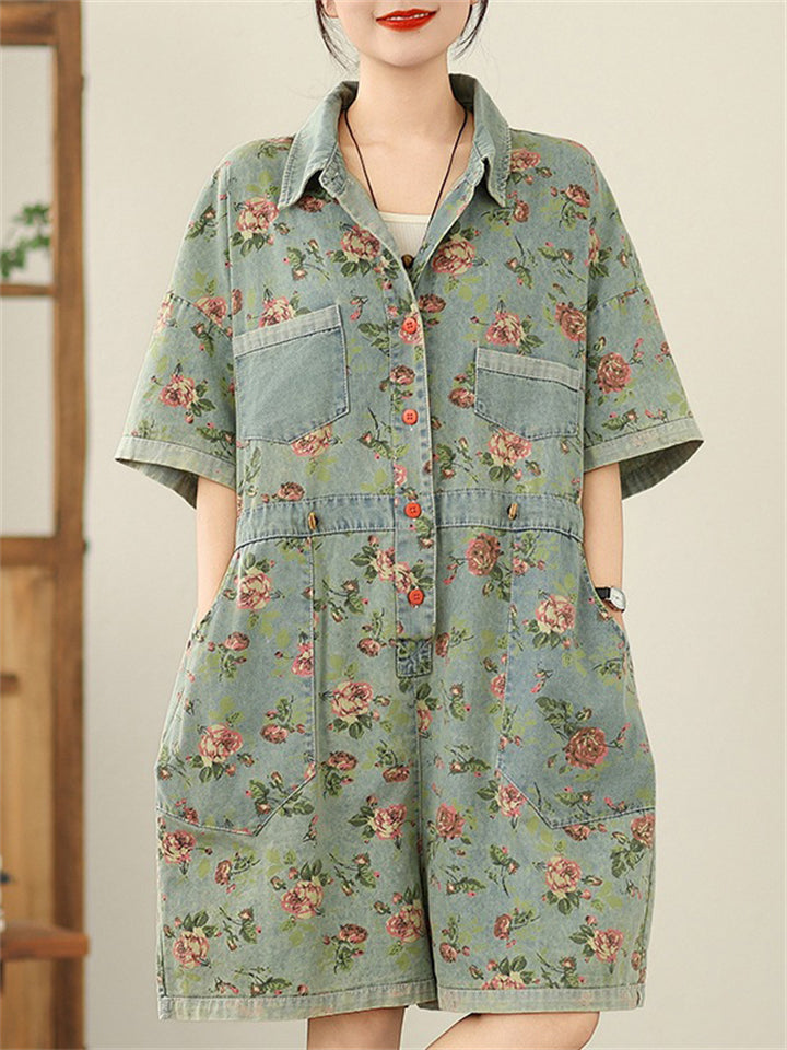 Women's Floral Print Pockets Overall Short Sleeve Denim Jumpsuits