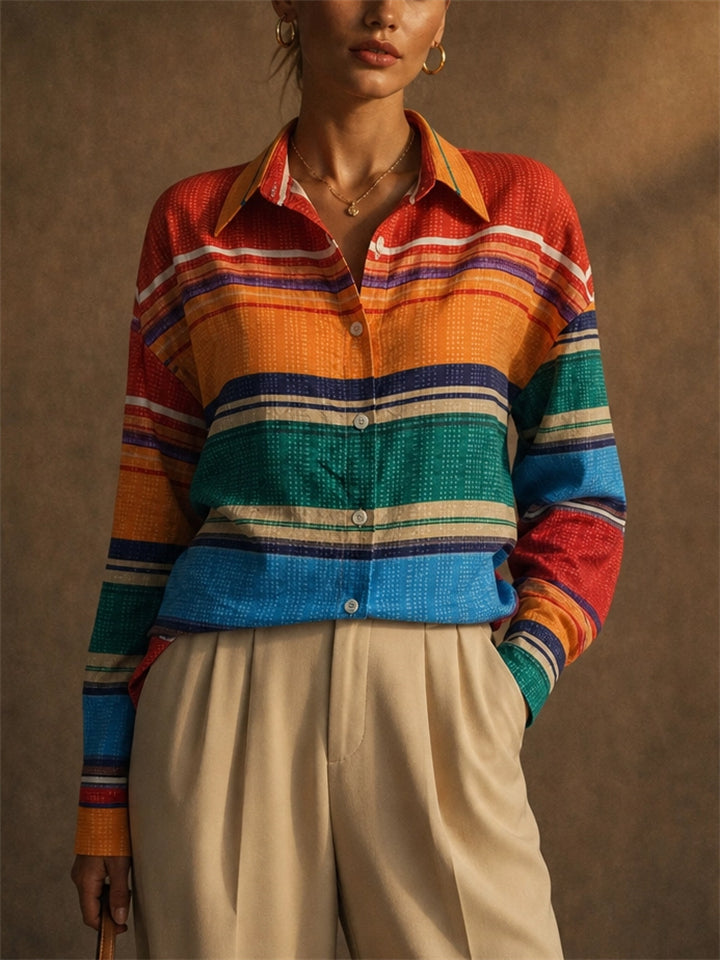 Women Colorful Striped Button Down Long Sleeve Blouses