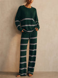 Women Striped Ribbed Knit 2 Piece Sweater Wide Leg Pants Set