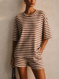 Women Striped Ribbed 2 Piece Pajama Shorts Lounge Set