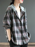 Women's Retro Plaid Contrast Color Long Sleeve Hooded Shirts
