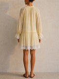 Women Lace Trim Long Sleeve V Neck Flowy Tunic Dress