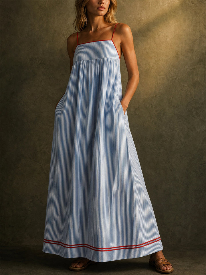 Women's Striped Maxi Sundress with Red Trim Pockets