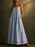 Women's Striped Maxi Sundress with Red Trim Pockets