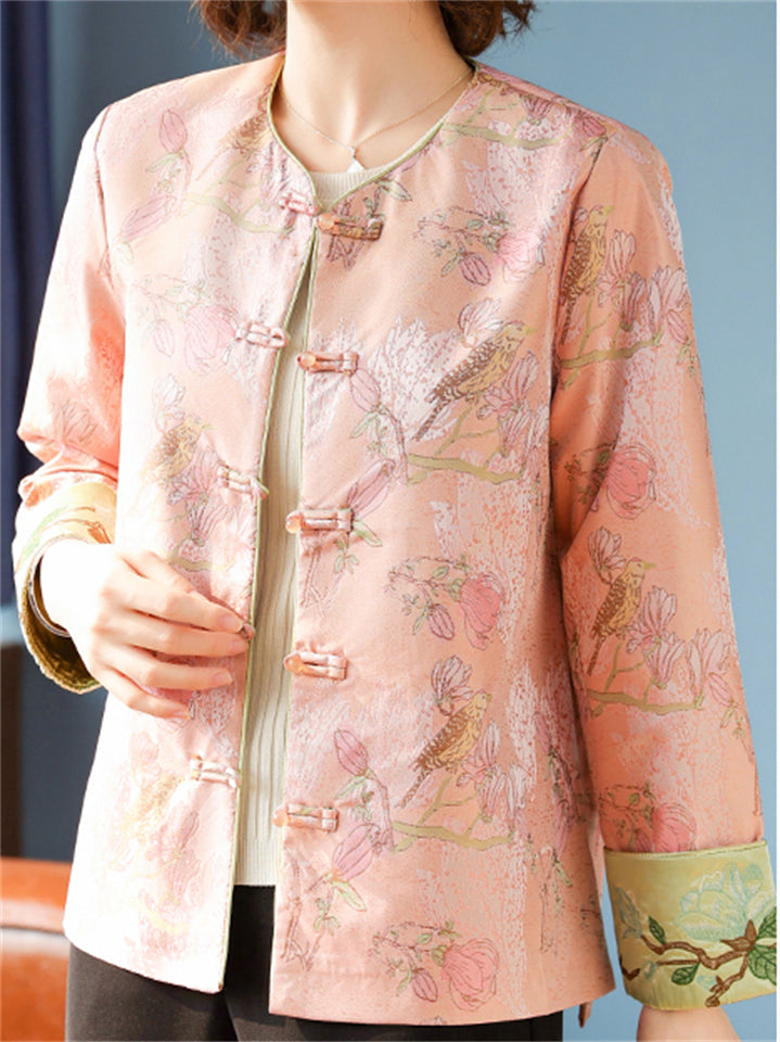 Chinese Style Women's Flowers Print Contrast Color Long Sleeve Jacket