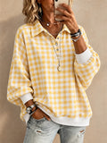 Women Gingham Plaid Shirt Half Button Long Sleeve Pullover Top