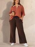 Women Plus Size Contrast Collar Polo Shirt Wide Leg Pants Set