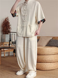 Chinese Ethnic Style Button Linen Tops and Wide Leg Pants Set for Men