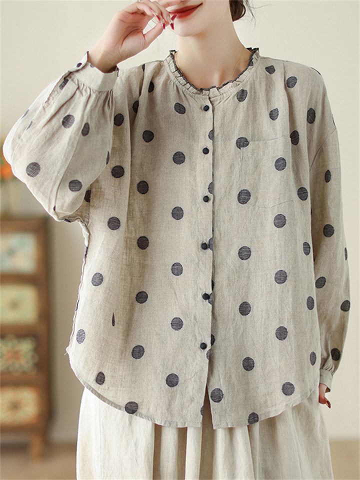 Women's Simple Long Sleeve Linen Cotton Polka Dots Shirts