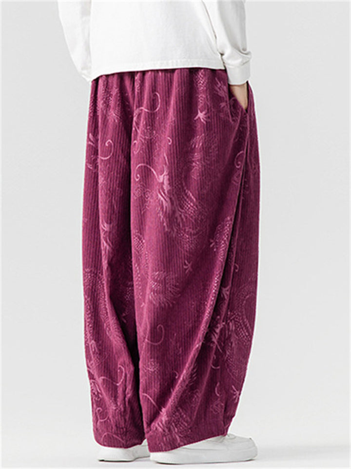 Chinese Style Loong and Phoenix Jacquard Corduroy Loose Fit Harem Pants