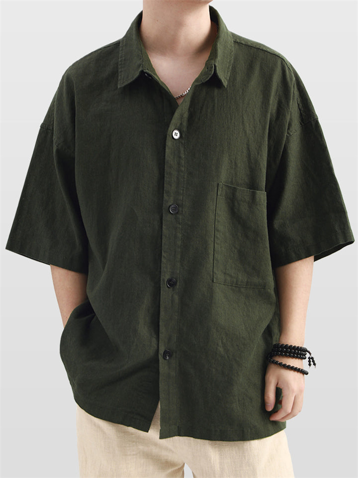 Men's Summer Casual Ramie Cotton Solid Color Pocket Lapel Shirts