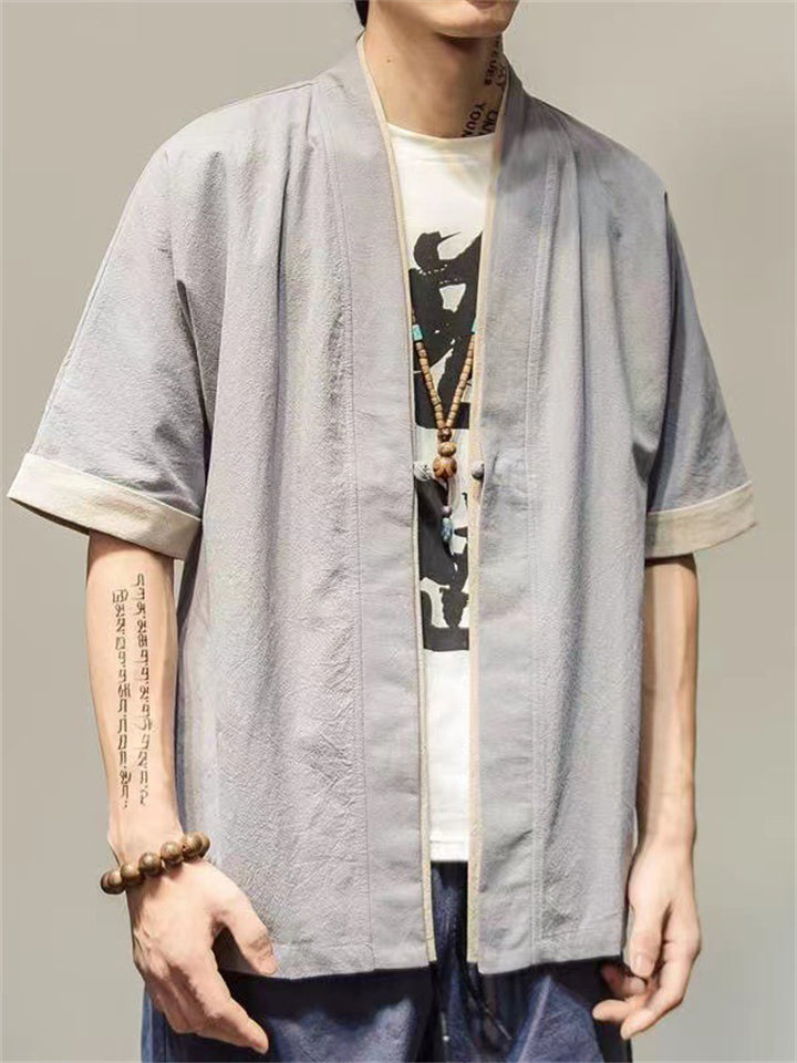 Loose Contrast Color Half Sleeve Cardigan Shirt for Men