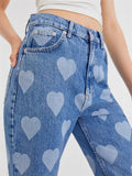 Women's Retro High-Rise Heart Print Straight Denim Jeans