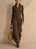 Womens Stylish Half Zip Long Sleeve Top and Wide Leg Set