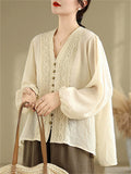 Women's Summer Elegant Loose Lace Patchwork Solid Color Long Sleeve Shirts