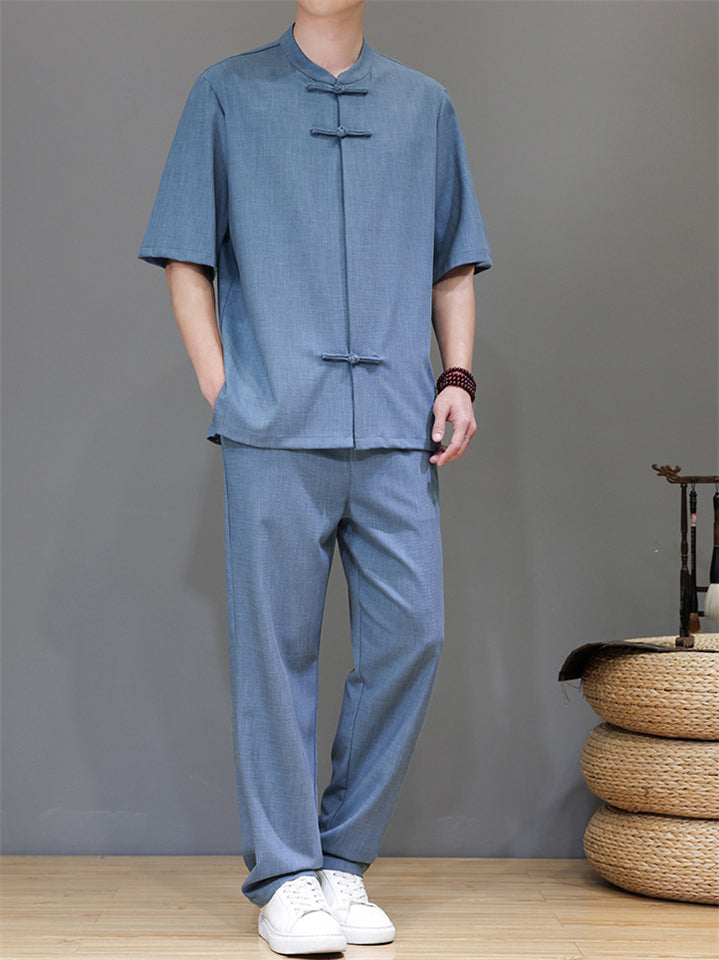 Men's 2Pcs Comfy Stand Collar Short Sleeve Solid Color TangSuit Outfits