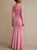 Women Pink Ribbed Hooded Long Sleeve Bodycon Maxi Dress