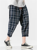 Summer Men's Plaid Casual Cropped Distressed Pants