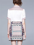 Women's 2Pcs Geometry Print Lapel Shirt & Skirt Set