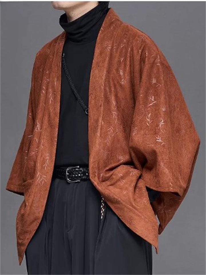 Retro Zen Style Print Faux Suede 3/4 Sleeve Cardigan for Men