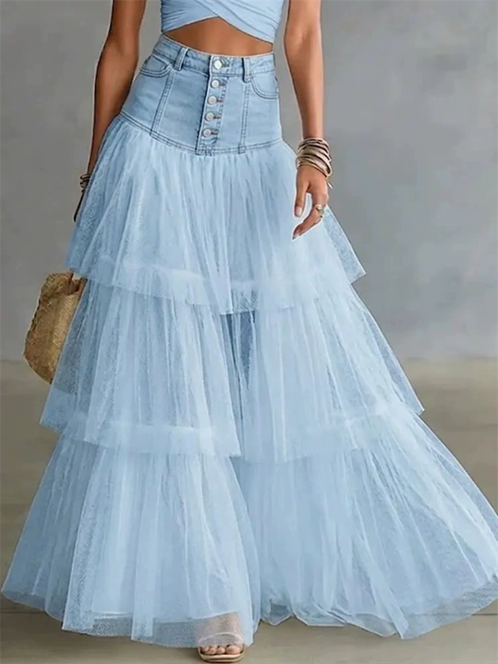 Womens High Waisted Button Front Denim Patchwork Tiered Maxi Skirt