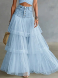 Womens High Waisted Button Front Denim Patchwork Tiered Maxi Skirt