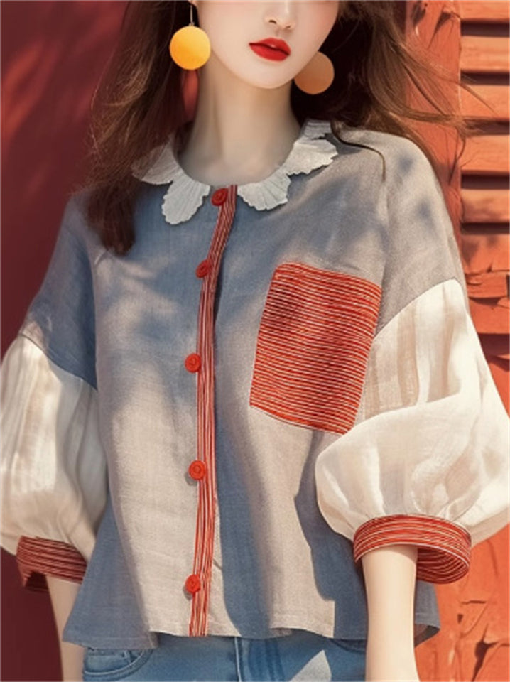 Women's Sweet Style Contrast Color Patchwork Lantern Sleeve Shirts