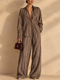 Women 2 Piece Button Down Striped Shirt and Wide Leg Pants Set